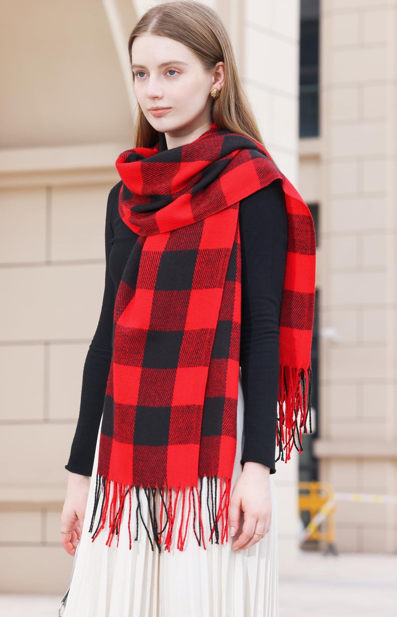 Wander Agio Women's Fashion Long Shawl Winter Warm Lattice Large Scarf Small Plaid Red Black - Image 2